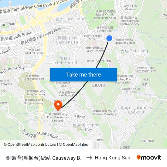 銅鑼灣(摩頓台)總站 Causeway Bay (Moreton Terrace) Bus Terminus to Hong Kong Sanatorium & Hospital map
