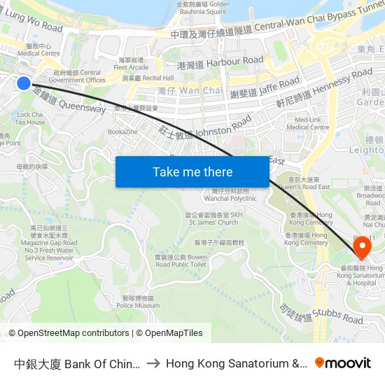 中銀大廈 Bank Of China Tower to Hong Kong Sanatorium & Hospital map