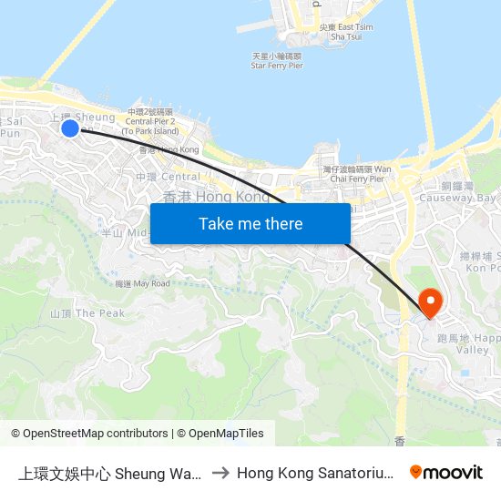 上環文娛中心 Sheung Wan Civic Centre to Hong Kong Sanatorium & Hospital map