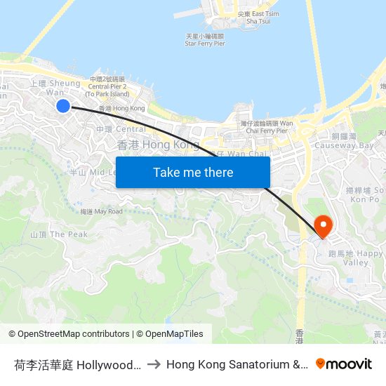 荷李活華庭 Hollywood Terrace to Hong Kong Sanatorium & Hospital map