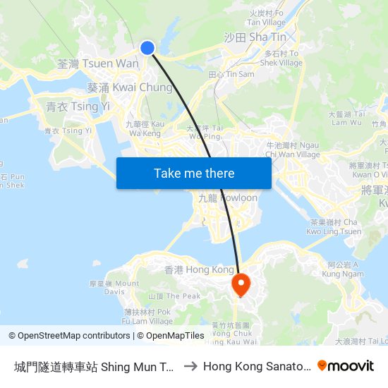城門隧道轉車站 Shing Mun Tunnels Bus Interchange to Hong Kong Sanatorium & Hospital map