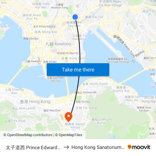 太子道西 Prince Edward Road West to Hong Kong Sanatorium & Hospital map