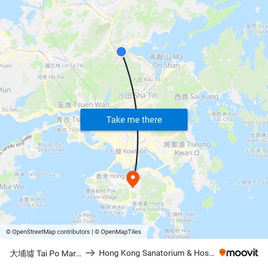大埔墟 Tai Po Market to Hong Kong Sanatorium & Hospital map