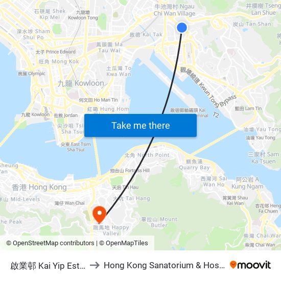 啟業邨 Kai Yip Estate to Hong Kong Sanatorium & Hospital map