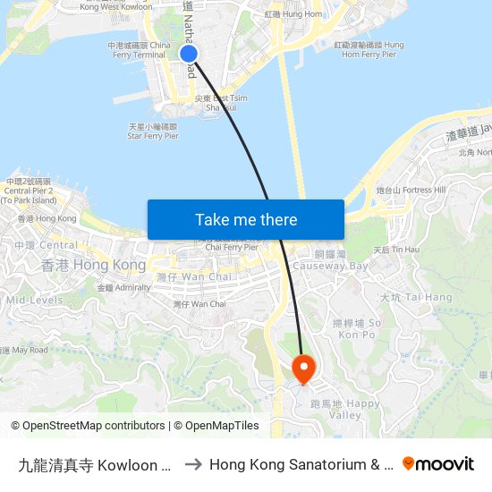 九龍清真寺 Kowloon Mosque to Hong Kong Sanatorium & Hospital map