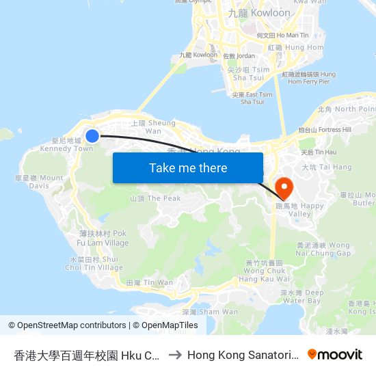 香港大學百週年校園 Hku Centennial Campus to Hong Kong Sanatorium & Hospital map