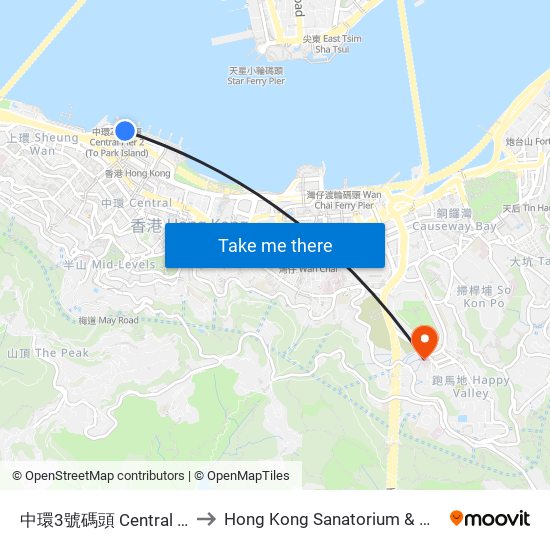 中環3號碼頭 Central Pier 3 to Hong Kong Sanatorium & Hospital map