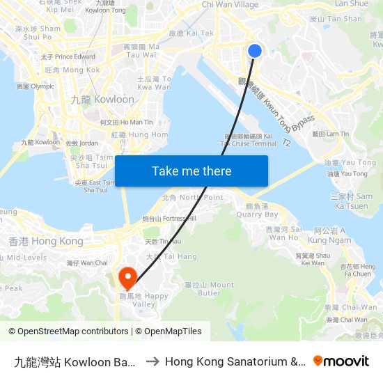 九龍灣站 Kowloon Bay Station to Hong Kong Sanatorium & Hospital map