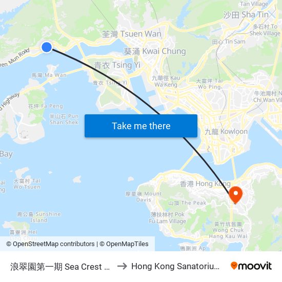 浪翠園第一期 Sea Crest Villa Phase 1 to Hong Kong Sanatorium & Hospital map