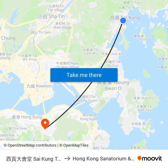 西貢大會堂 Sai Kung Town Hall to Hong Kong Sanatorium & Hospital map