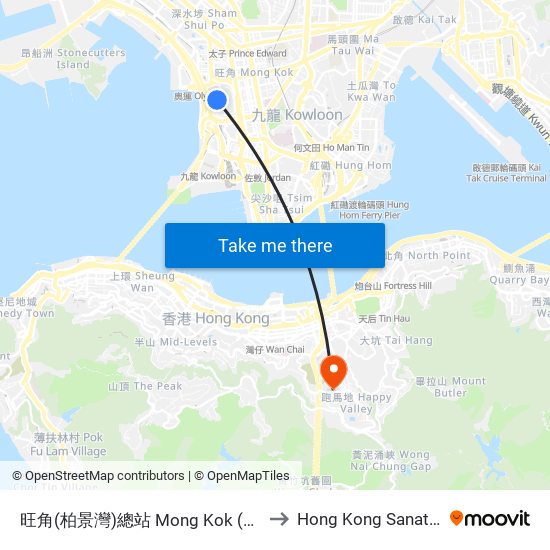 旺角(柏景灣)總站 Mong Kok (Park Avenue) Bus Terminus to Hong Kong Sanatorium & Hospital map