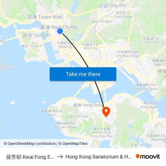 葵芳邨 Kwai Fong Estate to Hong Kong Sanatorium & Hospital map