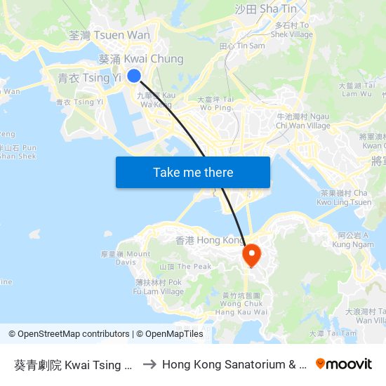 葵青劇院 Kwai Tsing Theatre to Hong Kong Sanatorium & Hospital map