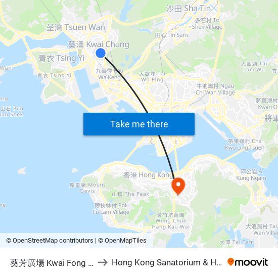 葵芳廣場 Kwai Fong Plaza to Hong Kong Sanatorium & Hospital map