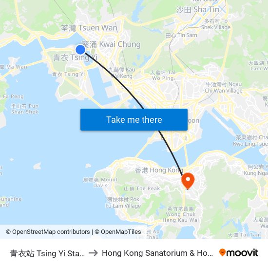 青衣站 Tsing Yi Station to Hong Kong Sanatorium & Hospital map