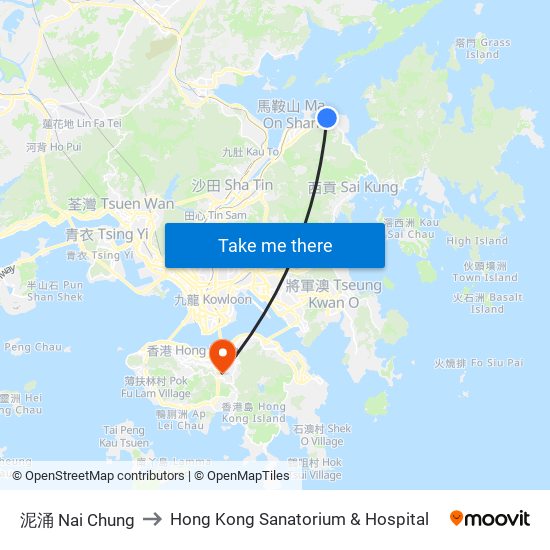 泥涌 Nai Chung to Hong Kong Sanatorium & Hospital map