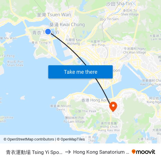 青衣運動場 Tsing Yi Sports Ground to Hong Kong Sanatorium & Hospital map