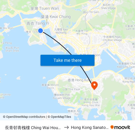 長青邨青槐樓 Ching Wai House Cheung Ching Estate to Hong Kong Sanatorium & Hospital map