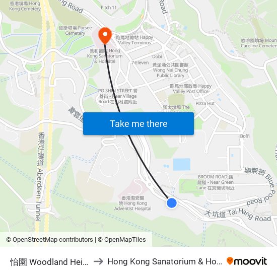 怡園 Woodland Heights to Hong Kong Sanatorium & Hospital map