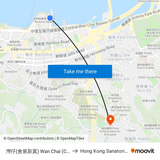 灣仔(會展新翼) Wan Chai (Convention Centre) to Hong Kong Sanatorium & Hospital map
