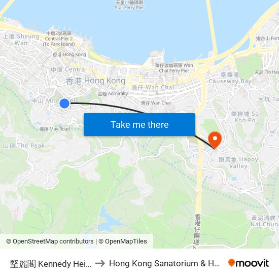 堅麗閣 Kennedy Heights to Hong Kong Sanatorium & Hospital map