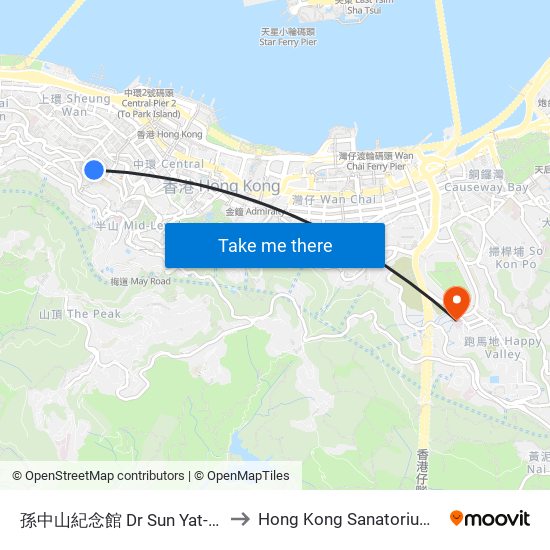 孫中山紀念館 Dr Sun Yat-Sen Museum to Hong Kong Sanatorium & Hospital map