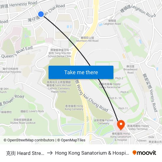 克街 Heard Street to Hong Kong Sanatorium & Hospital map