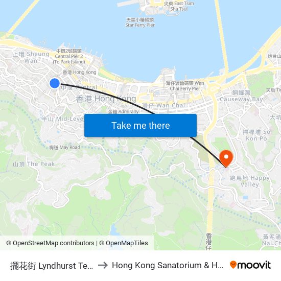 擺花街 Lyndhurst Terrace to Hong Kong Sanatorium & Hospital map