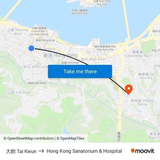 大館 Tai Kwun to Hong Kong Sanatorium & Hospital map