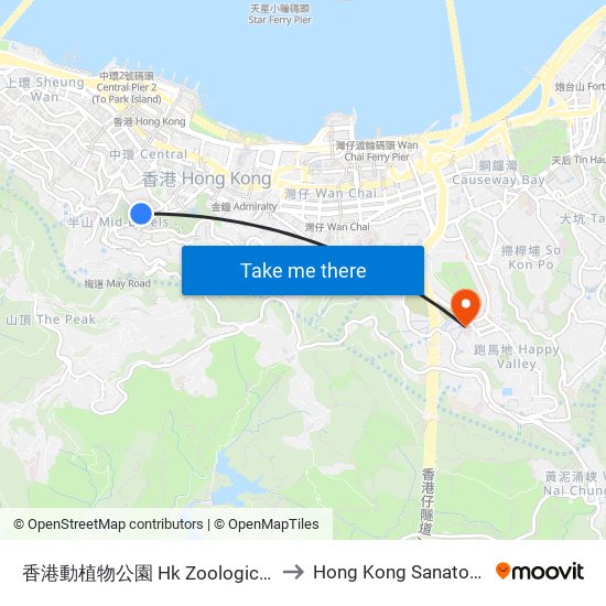 香港動植物公園 Hk Zoological & Botanical Garden to Hong Kong Sanatorium & Hospital map