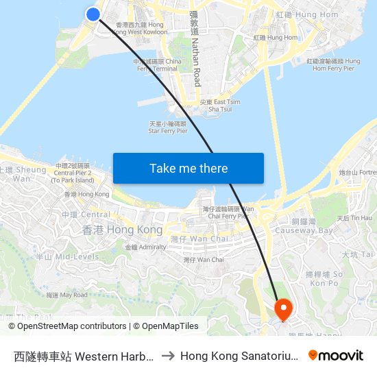 西隧轉車站 Western Harbour Tunnel Bbi to Hong Kong Sanatorium & Hospital map