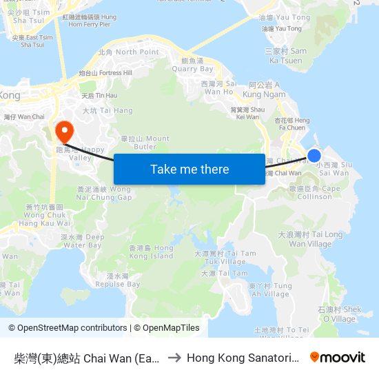 柴灣(東)總站 Chai Wan (East) Bus Terminus to Hong Kong Sanatorium & Hospital map