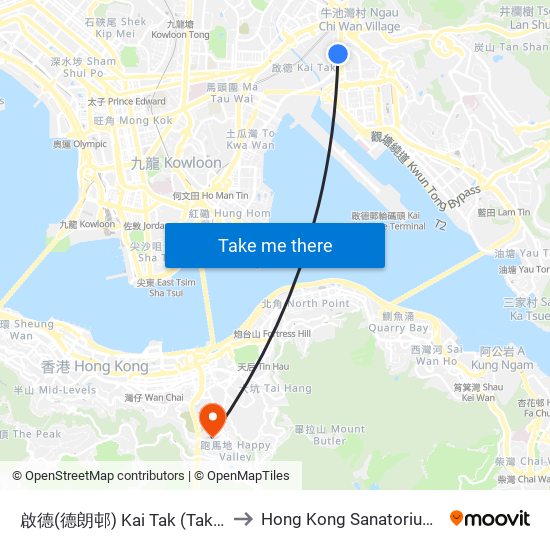 啟德(德朗邨) Kai Tak (Tak Long Estate) to Hong Kong Sanatorium & Hospital map