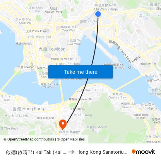 啟德(啟晴邨) Kai Tak (Kai Ching Estate) to Hong Kong Sanatorium & Hospital map