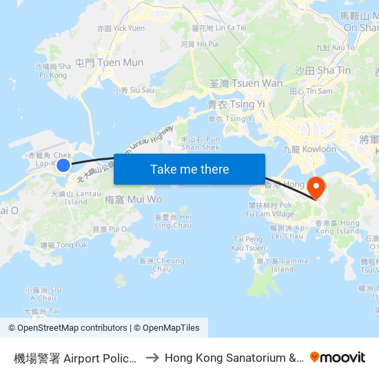 機場警署 Airport Police Station to Hong Kong Sanatorium & Hospital map