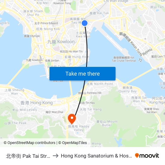 北帝街 Pak Tai Street to Hong Kong Sanatorium & Hospital map