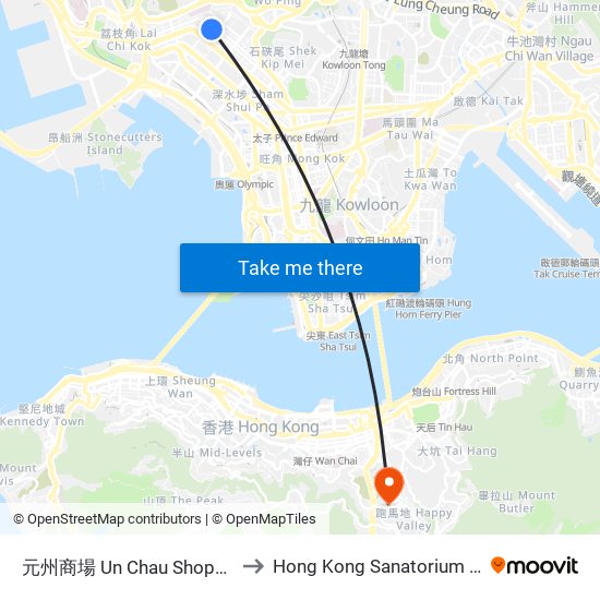 元州商場 Un Chau Shopping Centre to Hong Kong Sanatorium & Hospital map