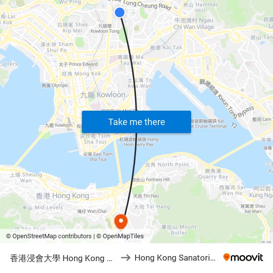 香港浸會大學 Hong Kong Baptist University to Hong Kong Sanatorium & Hospital map