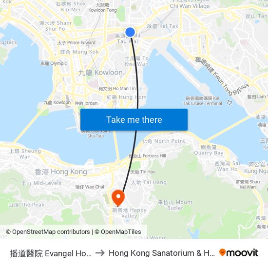 播道醫院 Evangel Hospital to Hong Kong Sanatorium & Hospital map