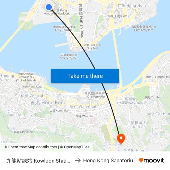 九龍站總站 Kowloon Station Bus Terminus to Hong Kong Sanatorium & Hospital map