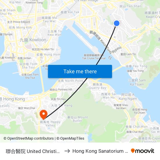 聯合醫院 United Christian Hospital to Hong Kong Sanatorium & Hospital map