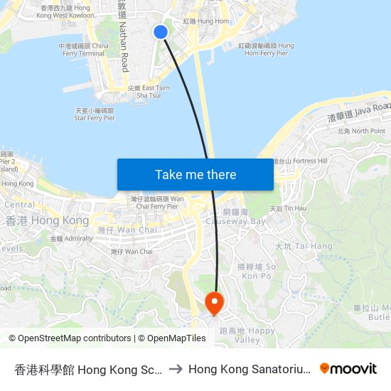 香港科學館 Hong Kong Science Museum to Hong Kong Sanatorium & Hospital map