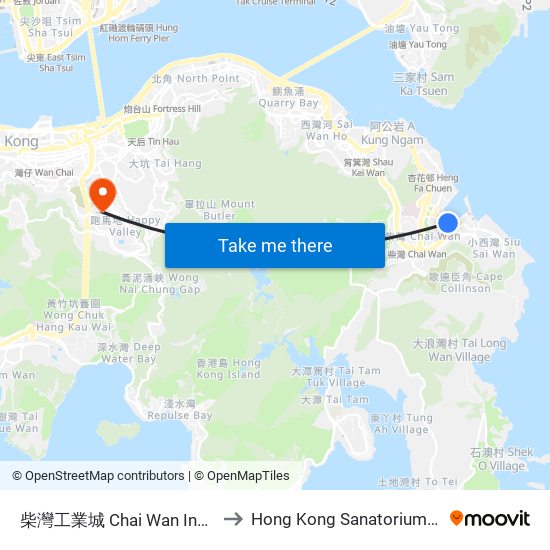 柴灣工業城 Chai Wan Industrial City to Hong Kong Sanatorium & Hospital map