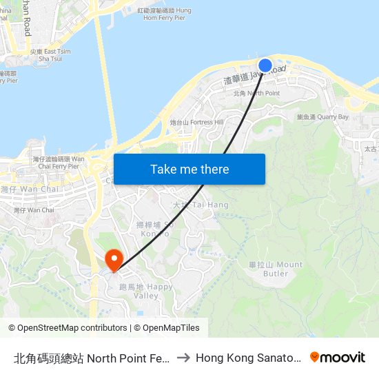 北角碼頭總站 North Point Ferry Pier Bus Terminus to Hong Kong Sanatorium & Hospital map