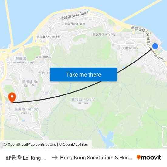 鯉景灣 Lei King Wan to Hong Kong Sanatorium & Hospital map