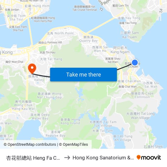 杏花邨總站 Heng Fa Chuen B/T to Hong Kong Sanatorium & Hospital map