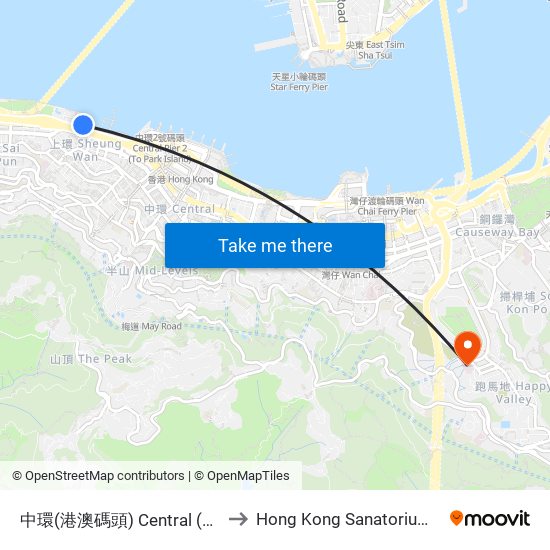中環(港澳碼頭) Central (Macau Ferry) to Hong Kong Sanatorium & Hospital map