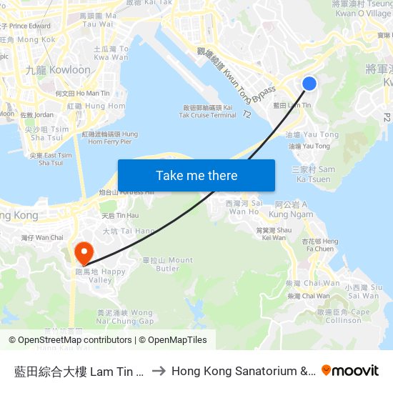 藍田綜合大樓 Lam Tin Complex to Hong Kong Sanatorium & Hospital map