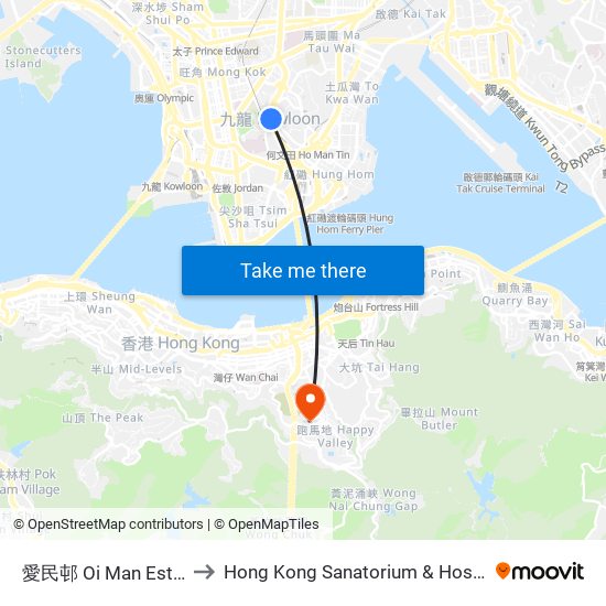 愛民邨 Oi Man Estate to Hong Kong Sanatorium & Hospital map