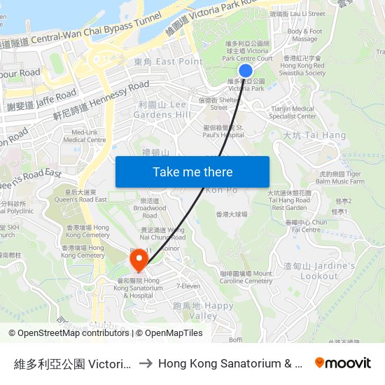 維多利亞公園 Victoria Park to Hong Kong Sanatorium & Hospital map